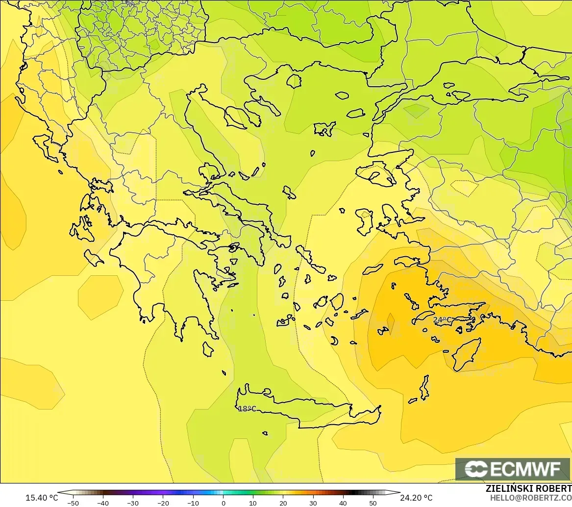 ECMWF IFS 0.25° загвар - Грек, Температур 850 hPa