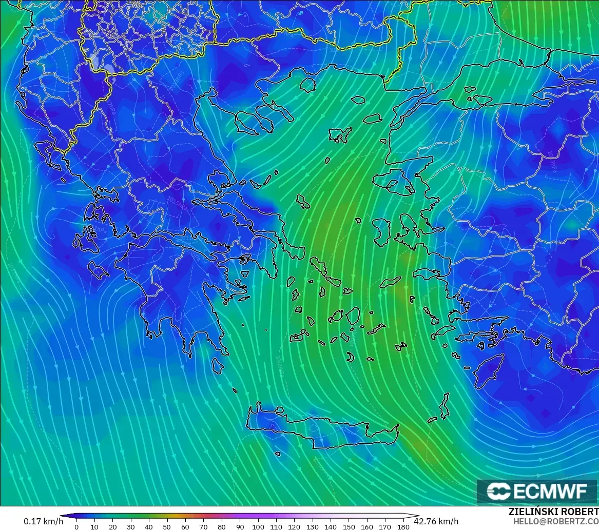 ECMWF IFS 0.25° загвар - Грек, Салхи 10 м