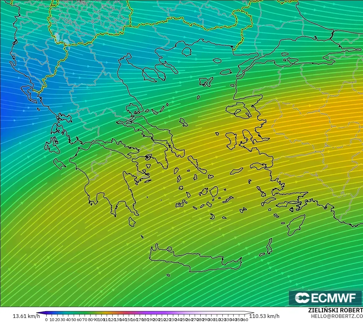ECMWF IFS 0.25° загвар - Грек, Салхи 300 hPa (түншил)