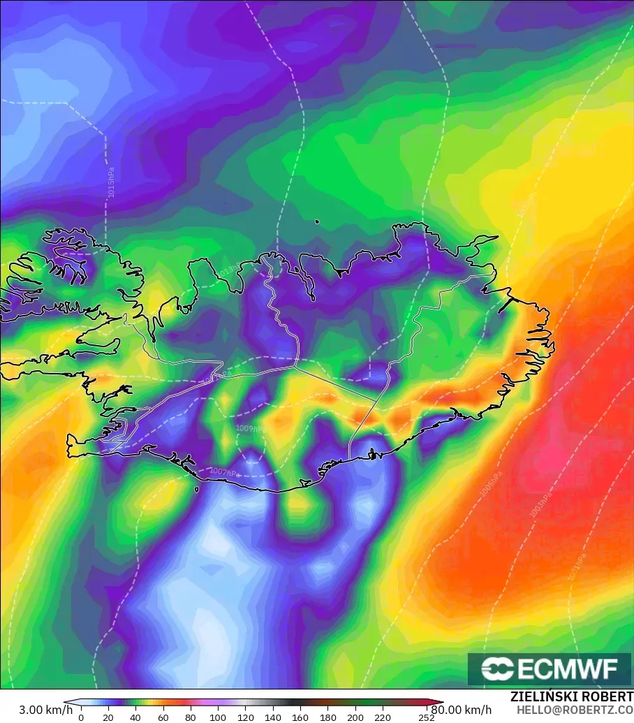 ECMWF IFS 0.25° загвар - Исланд, Хамгийн Их Салхи