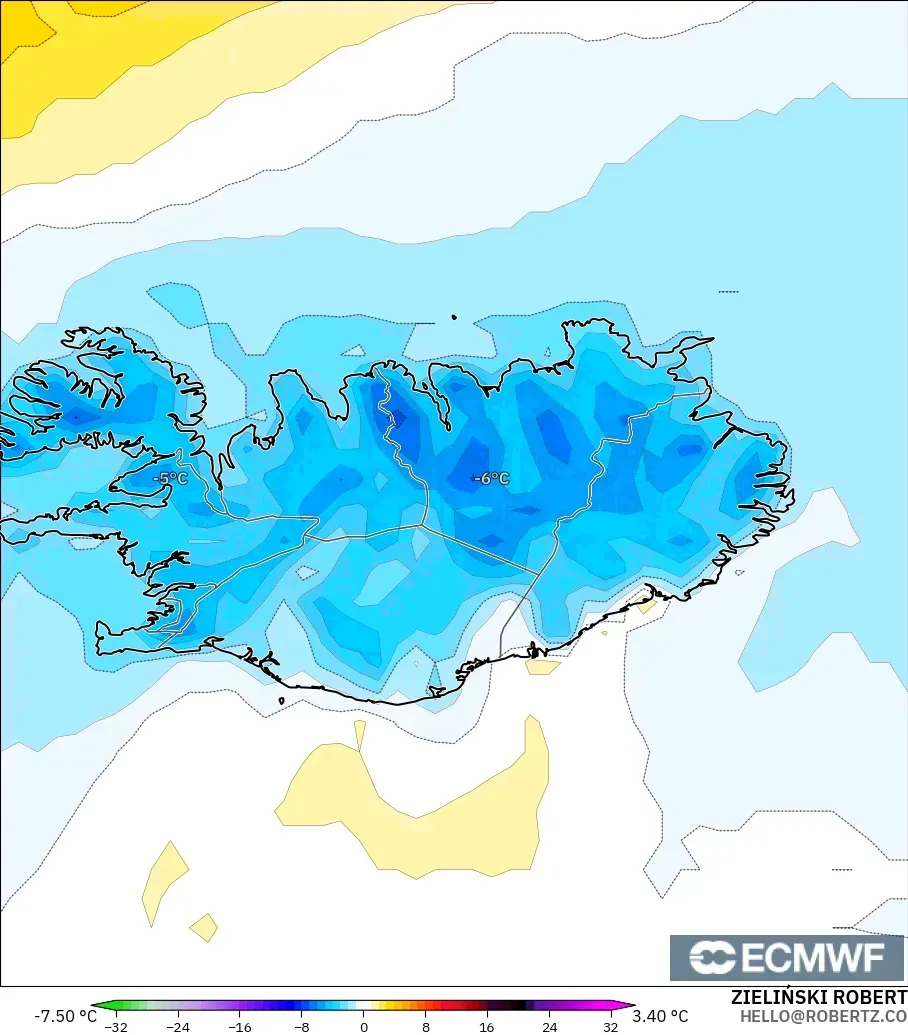 ECMWF IFS 0.25° загвар - Исланд, 2 м Температурын Хазайлт