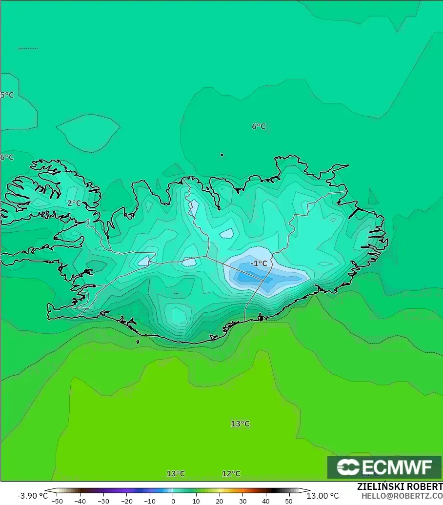 ECMWF IFS 0.25° загвар - Исланд, Температур 2 м