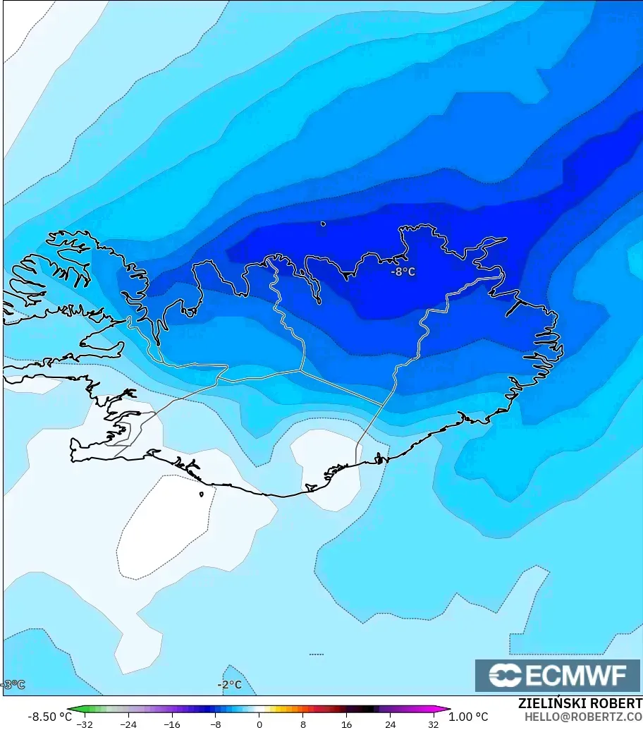 ECMWF IFS 0.25° загвар - Исланд, 850 hPa Температурын Хазайлт