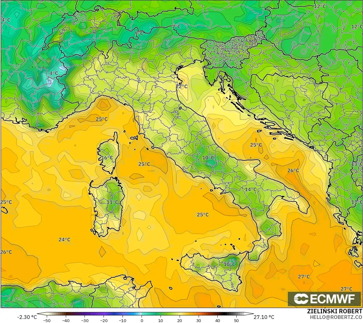 ECMWF IFS 0.25° загвар - Итали, Цэгийн Чийг 2 м