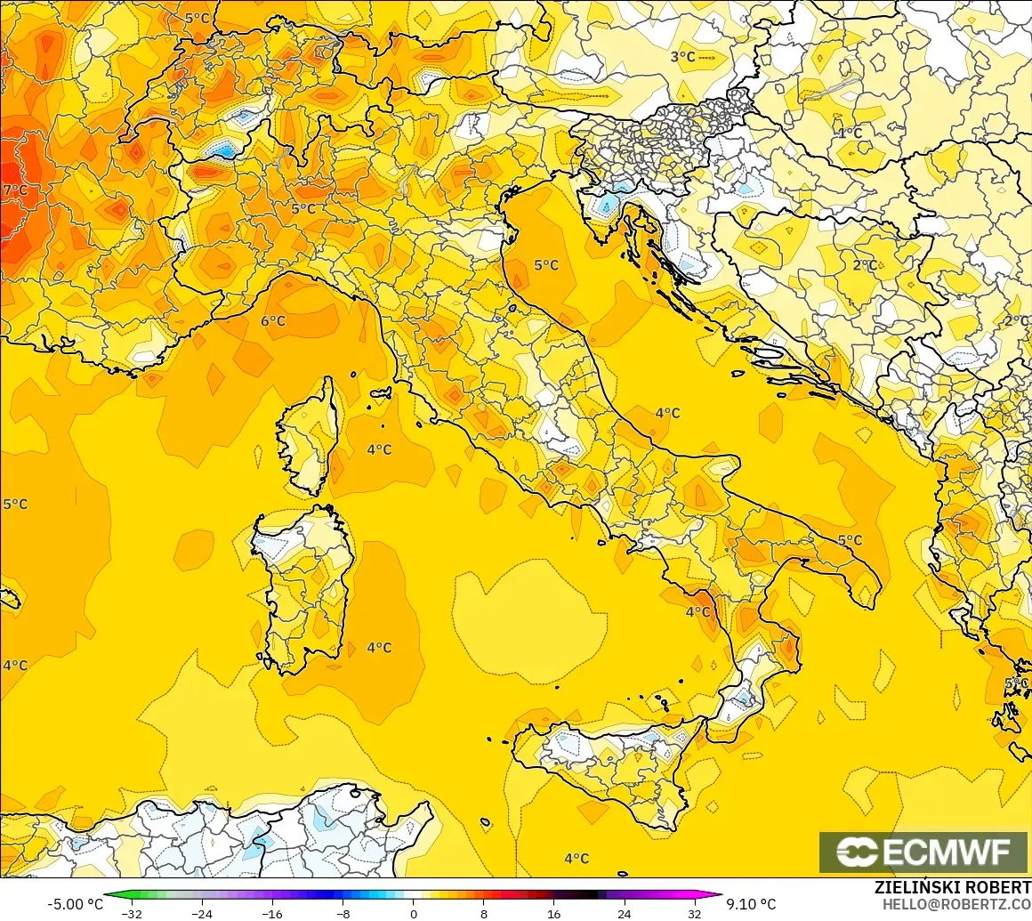 ECMWF IFS 0.25° загвар - Итали, 2 м Температурын Хазайлт