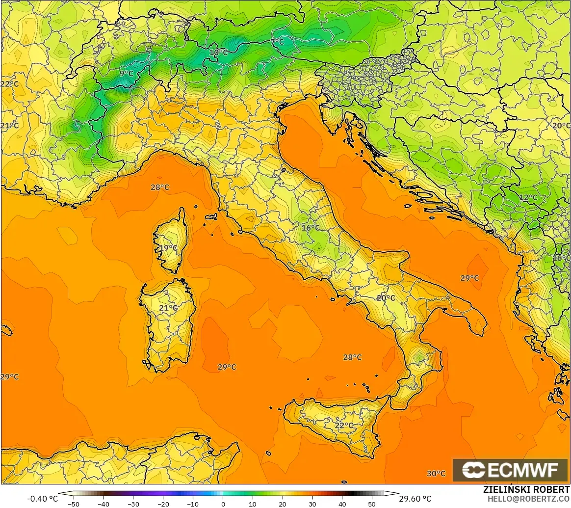 ECMWF IFS 0.25° загвар - Итали, Температур 2 м