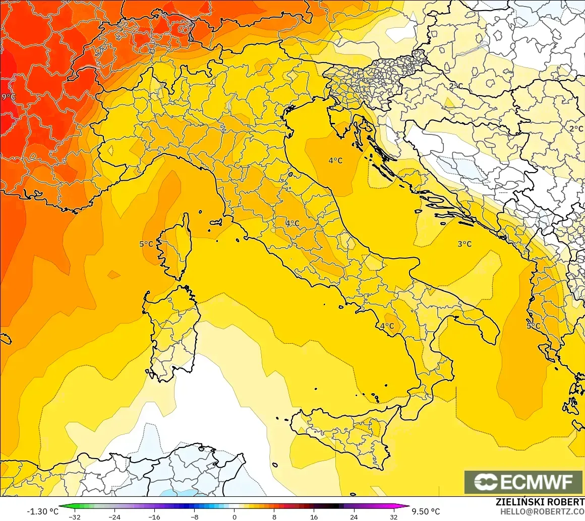 ECMWF IFS 0.25° загвар - Итали, 850 hPa Температурын Хазайлт