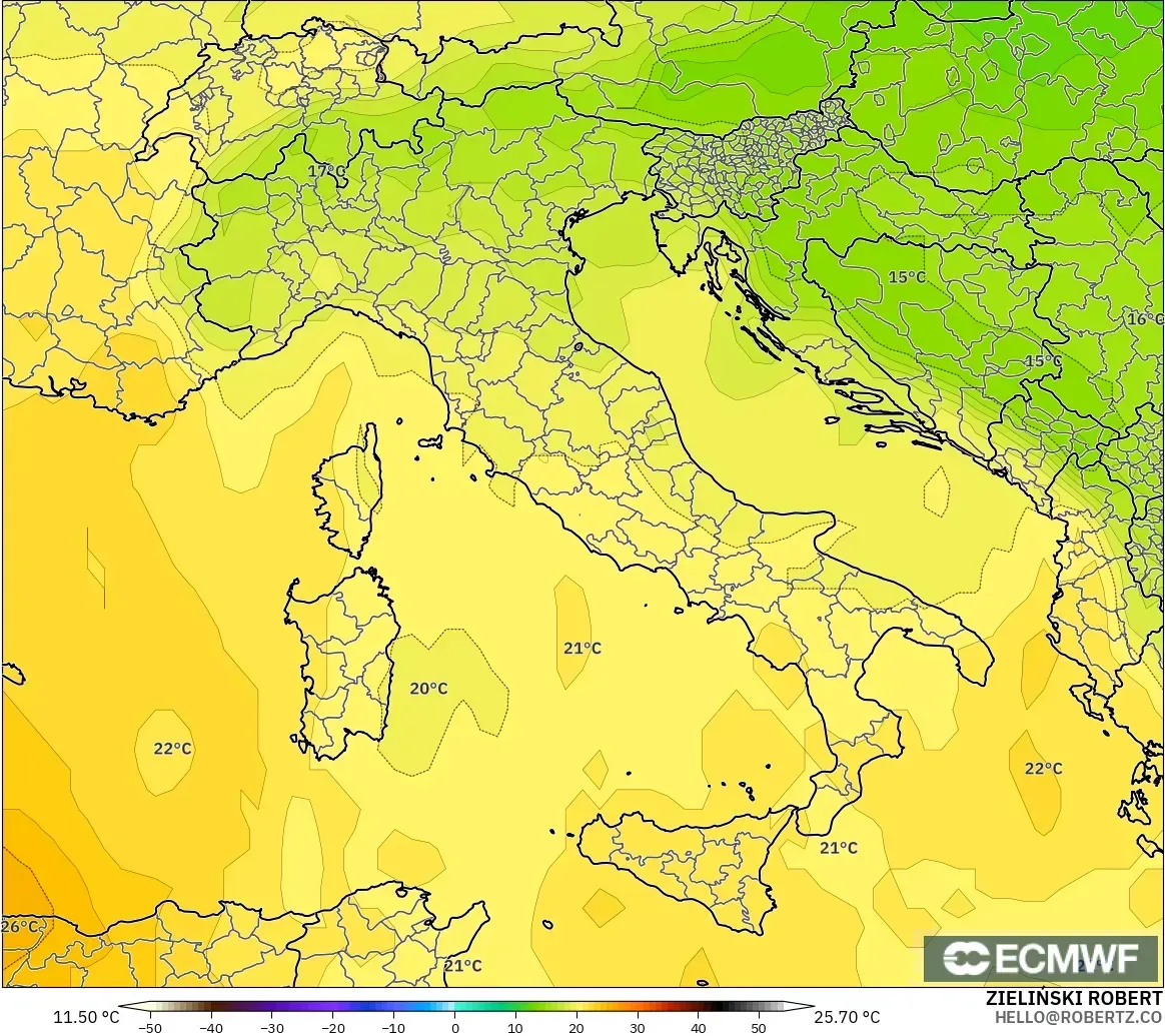 ECMWF IFS 0.25° загвар - Итали, Температур 850 hPa