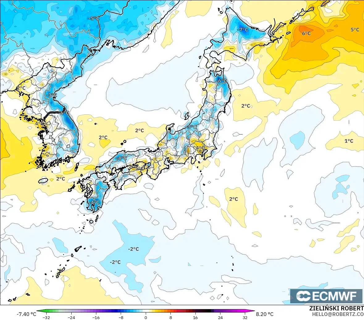 ECMWF IFS 0.25° загвар - Япон, 2 м Температурын Хазайлт