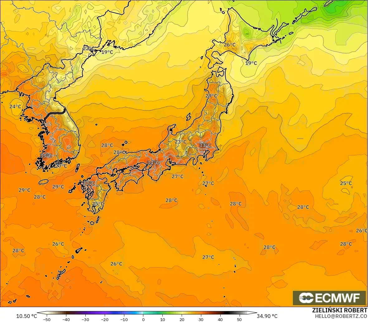 ECMWF IFS 0.25° загвар - Япон, Температур 2 м