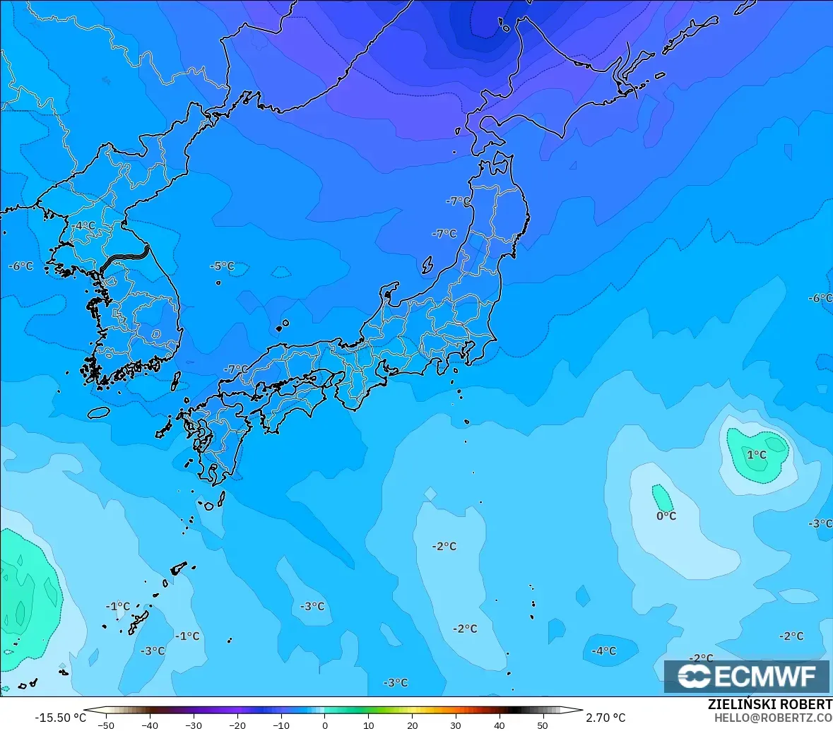 ECMWF IFS 0.25° загвар - Япон, Температур 500 hPa