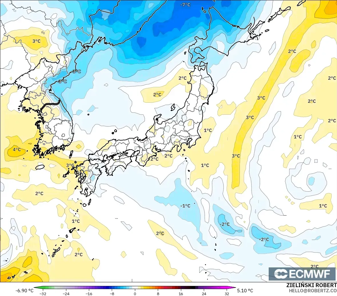 ECMWF IFS 0.25° загвар - Япон, 850 hPa Температурын Хазайлт