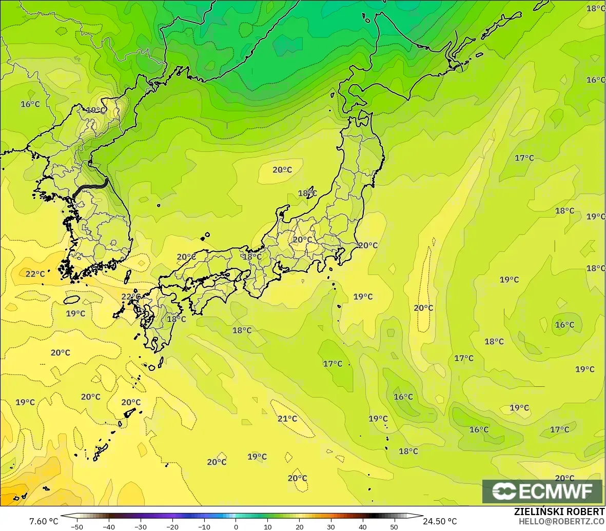 ECMWF IFS 0.25° загвар - Япон, Температур 850 hPa