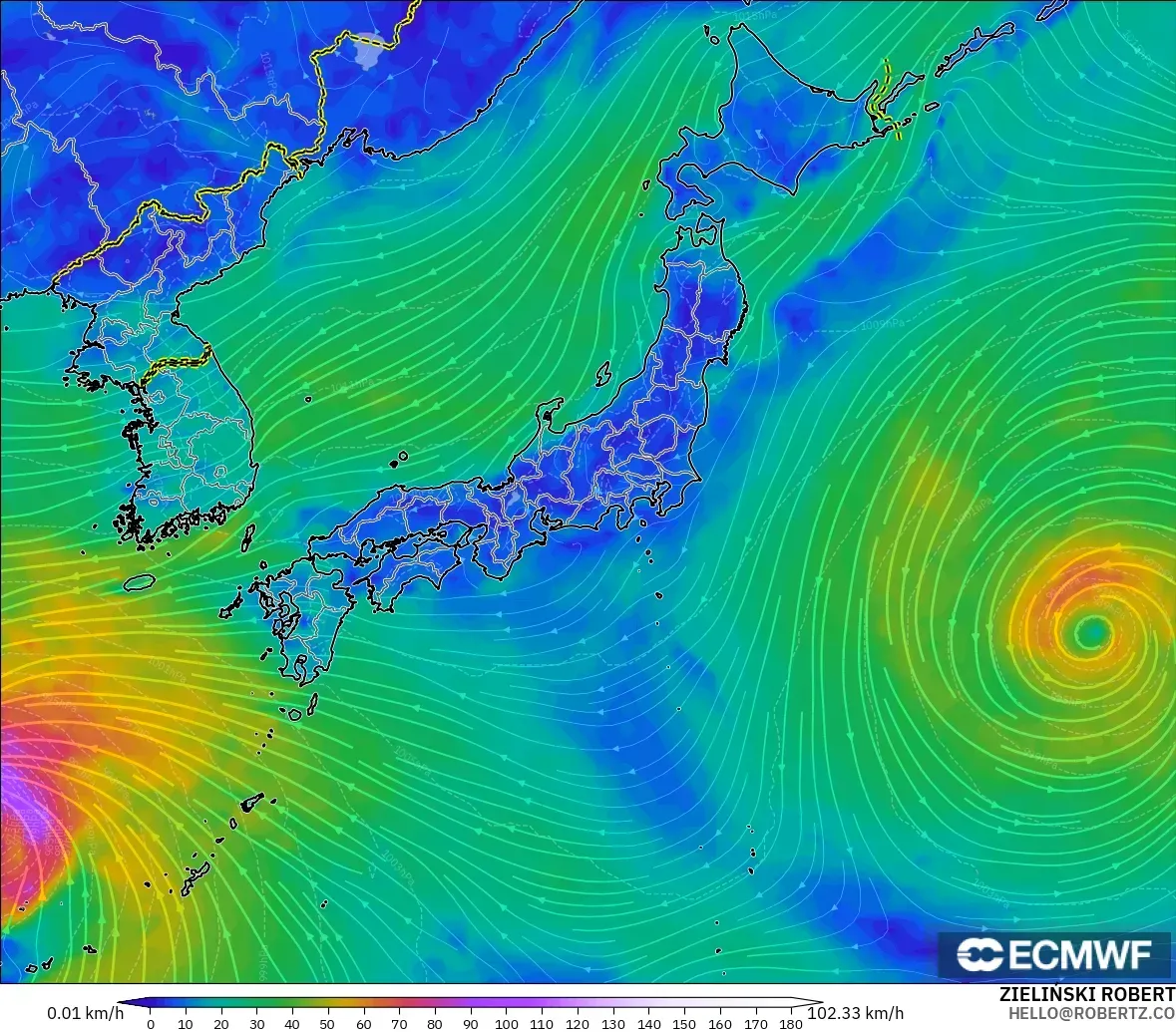 ECMWF IFS 0.25° загвар - Япон, Салхи 10 м
