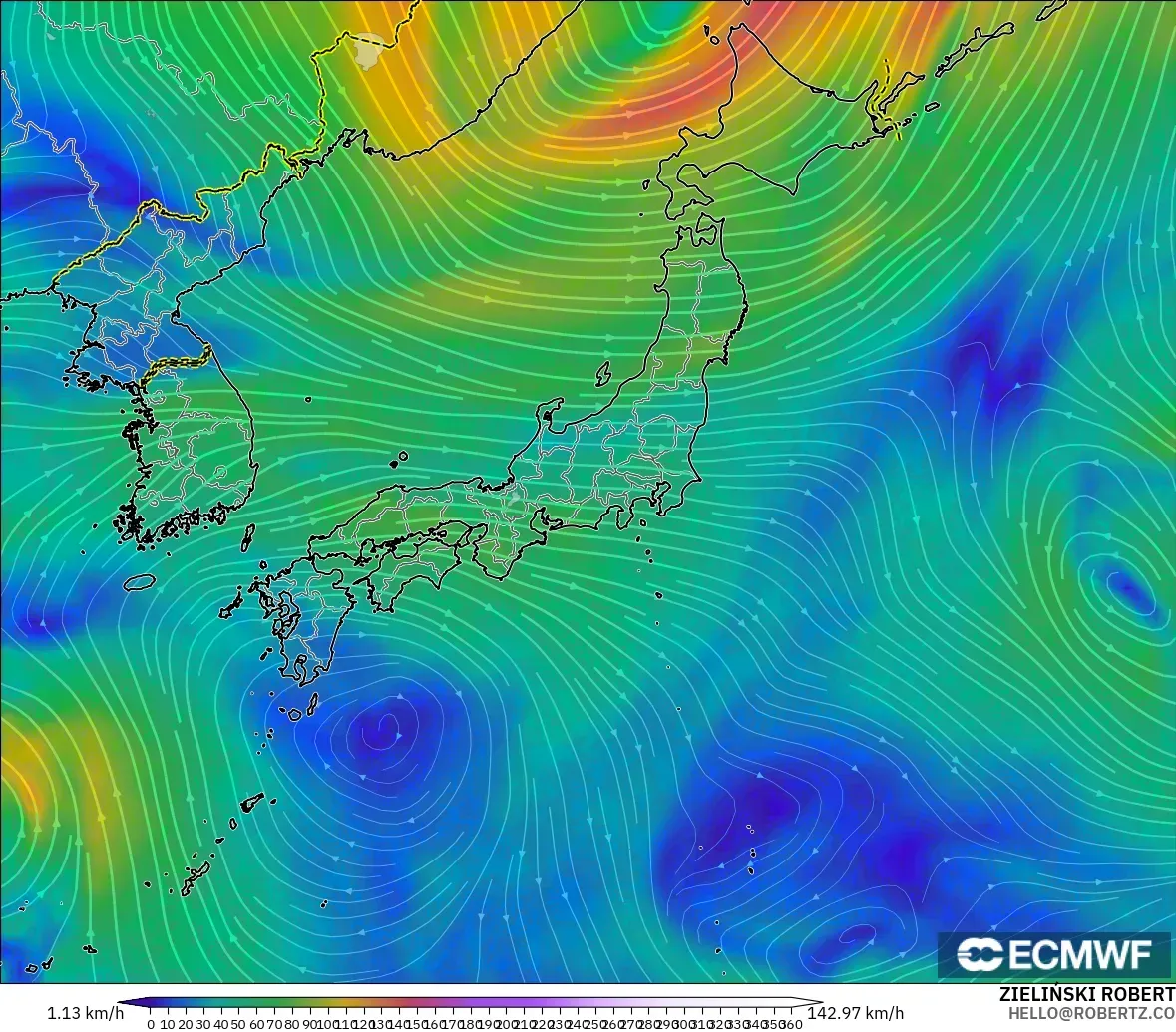 ECMWF IFS 0.25° загвар - Япон, Салхи 300 hPa (түншил)