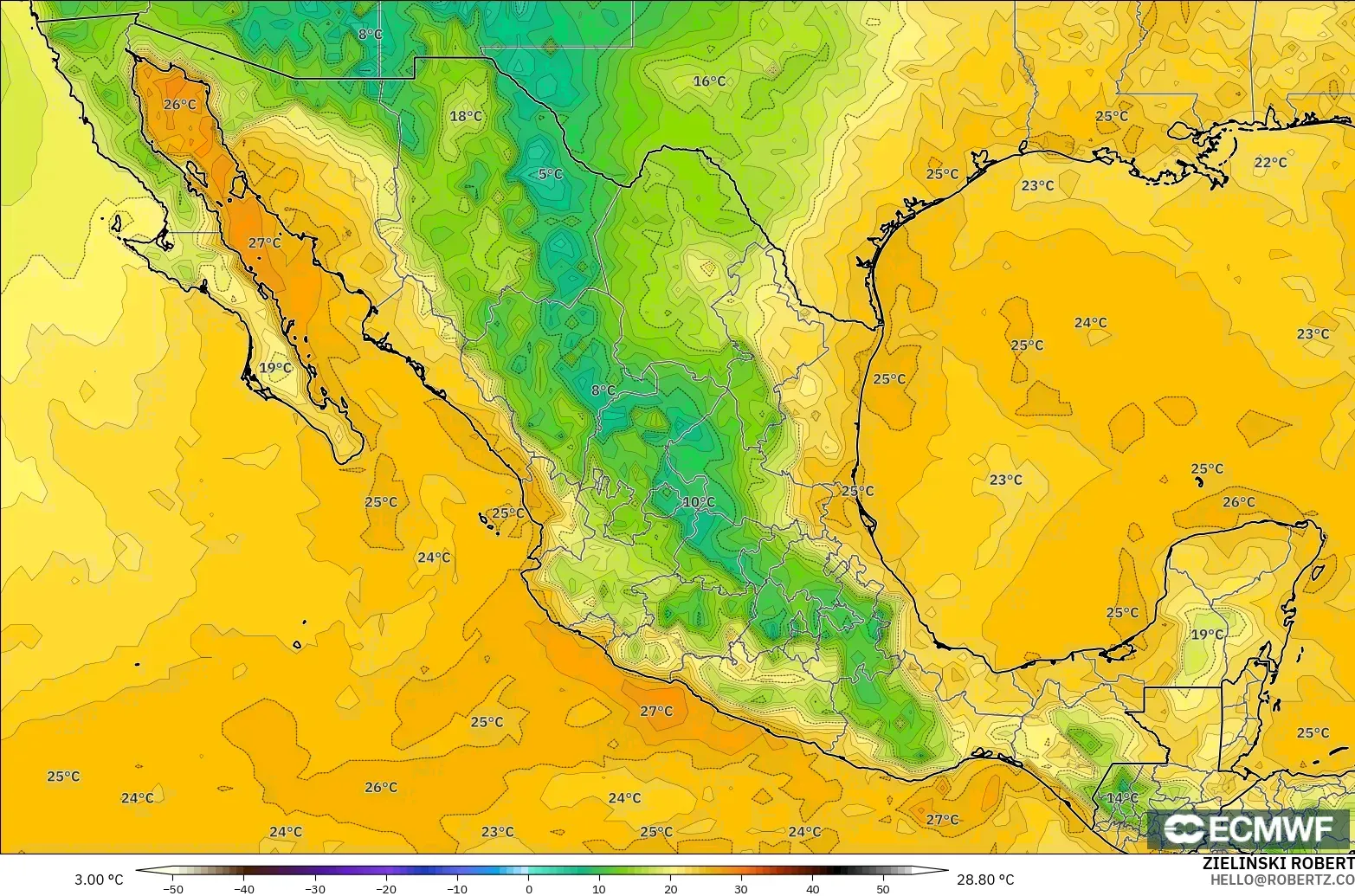 ECMWF IFS 0.25° загвар - Мексик, Цэгийн Чийг 2 м