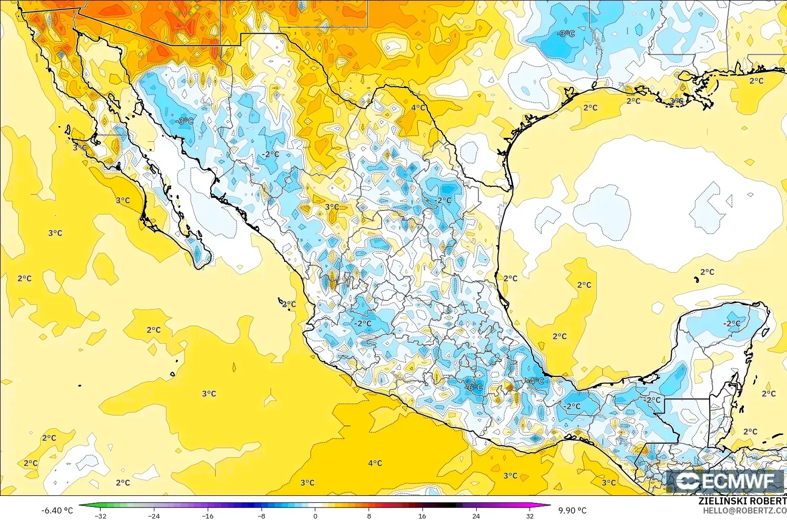 ECMWF IFS 0.25° загвар - Мексик, 2 м Температурын Хазайлт