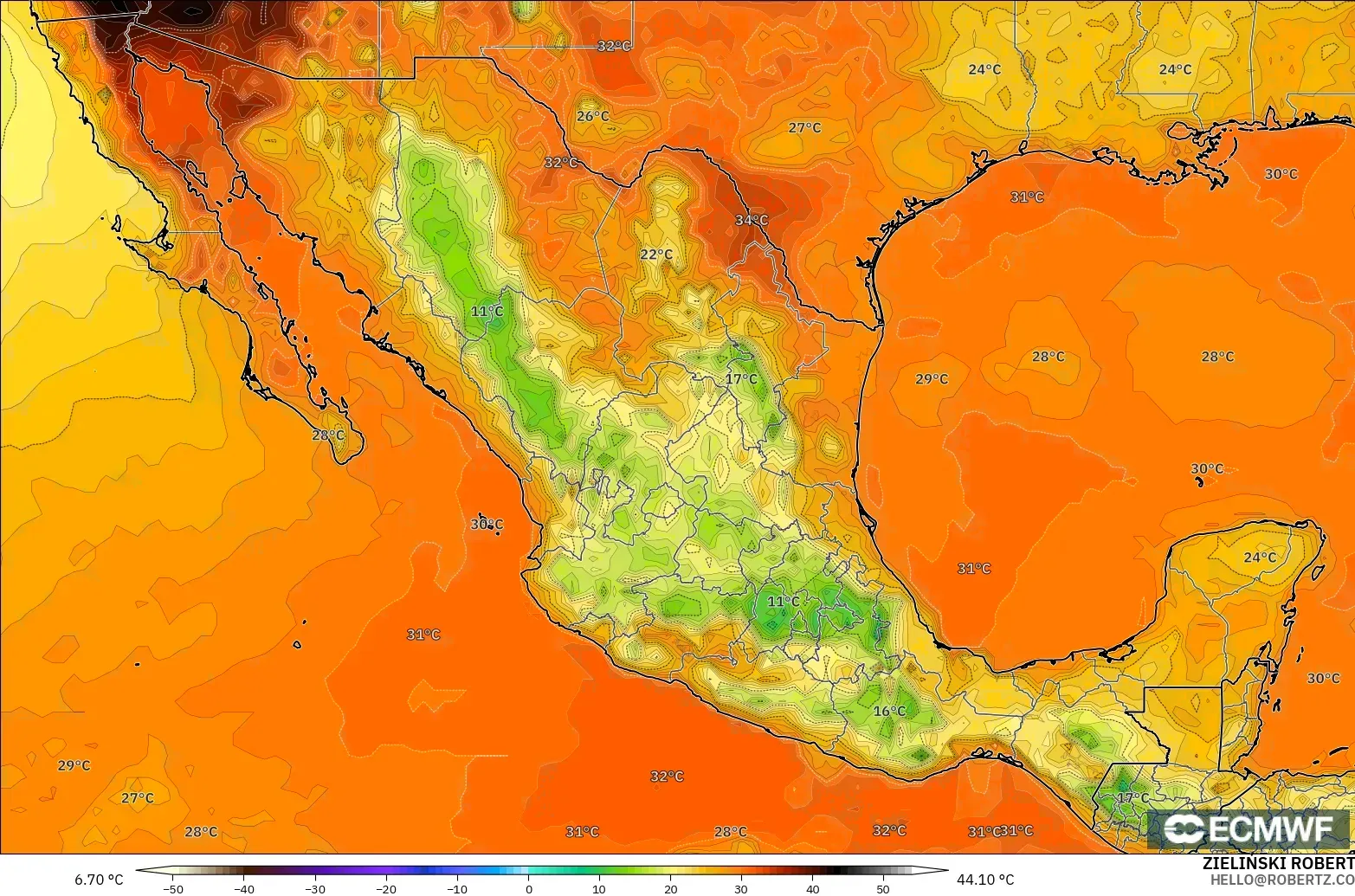 ECMWF IFS 0.25° загвар - Мексик, Температур 2 м