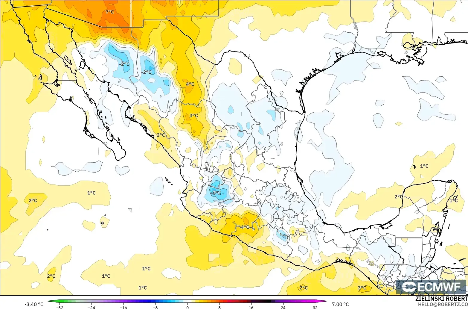 ECMWF IFS 0.25° загвар - Мексик, 850 hPa Температурын Хазайлт
