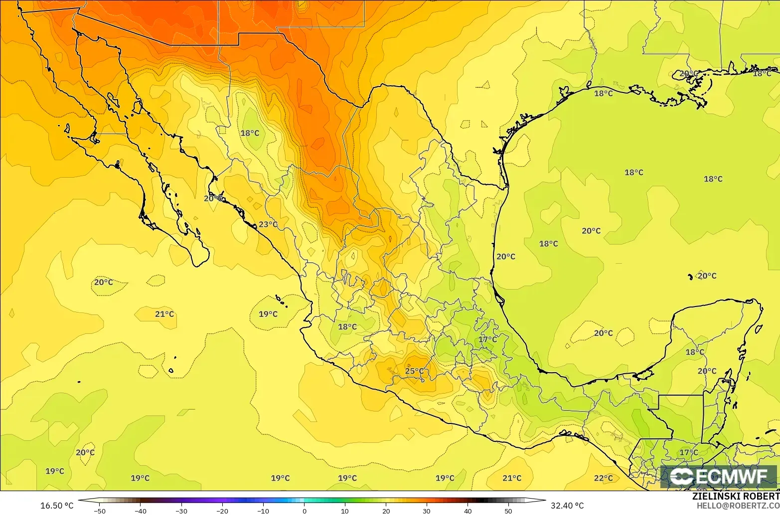 ECMWF IFS 0.25° загвар - Мексик, Температур 850 hPa