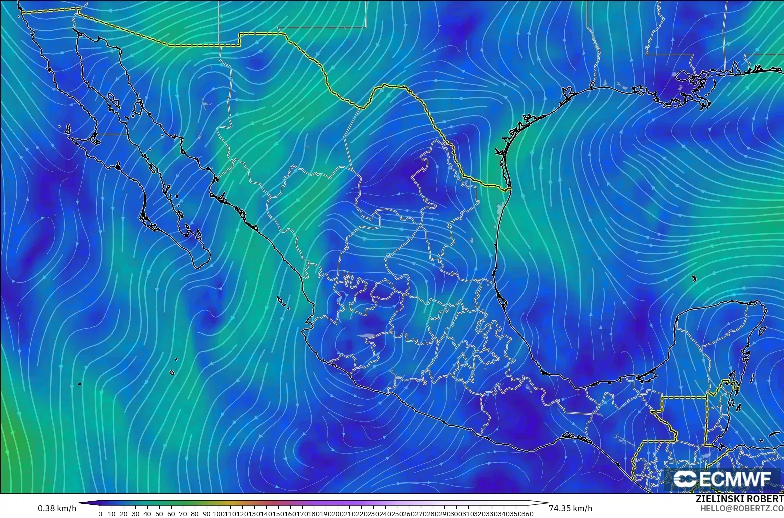 ECMWF IFS 0.25° загвар - Мексик, Салхи 300 hPa (түншил)