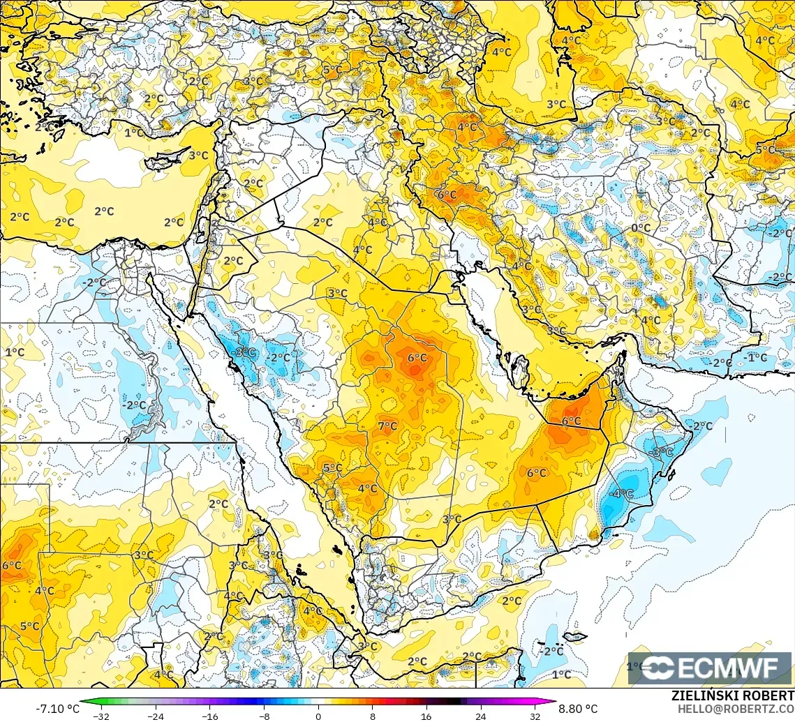 ECMWF IFS 0.25° загвар - Ойрх Дорнод, 2 м Температурын Хазайлт