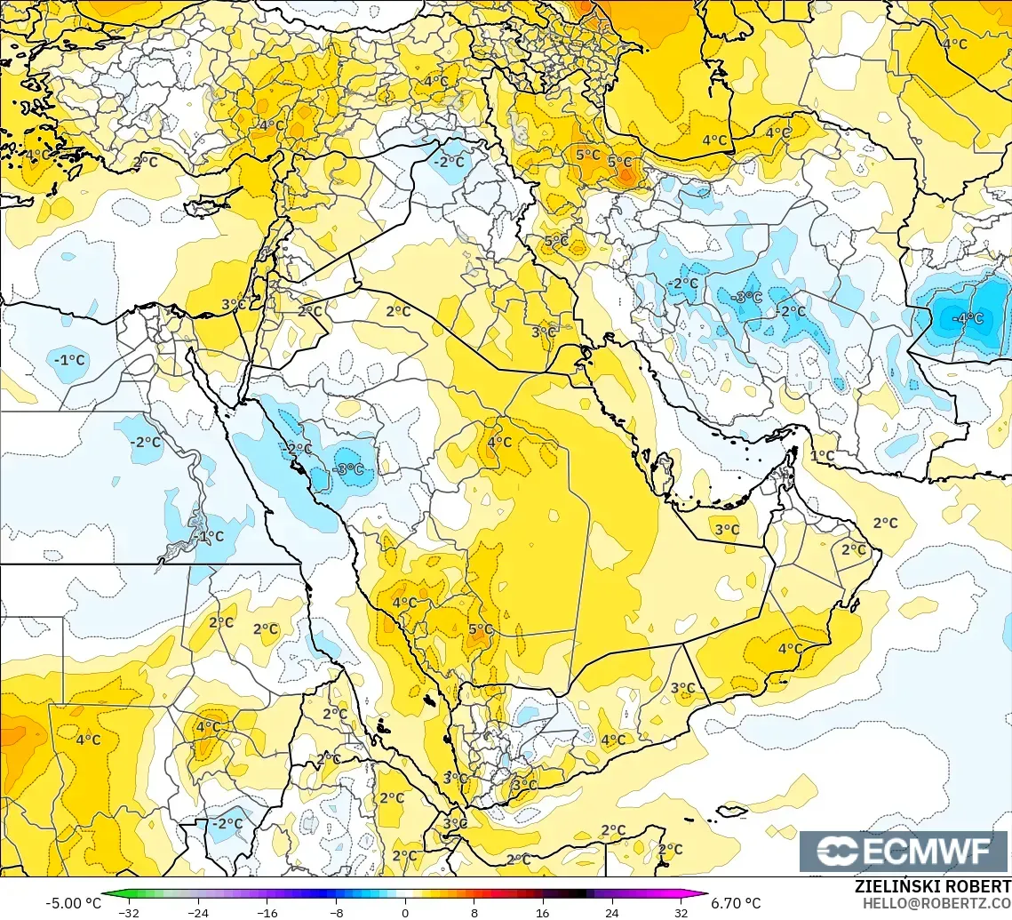 ECMWF IFS 0.25° загвар - Ойрх Дорнод, 850 hPa Температурын Хазайлт