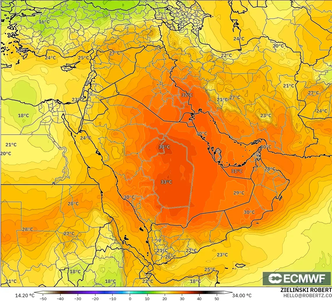 ECMWF IFS 0.25° загвар - Ойрх Дорнод, Температур 850 hPa