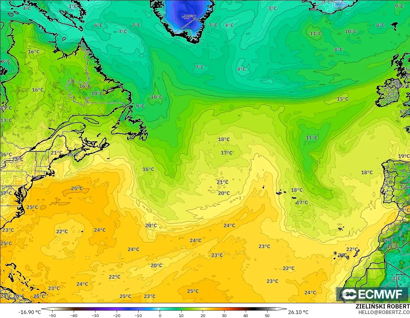 ECMWF IFS 0.25° загвар - Хойд Атлантик, Цэгийн Чийг 2 м