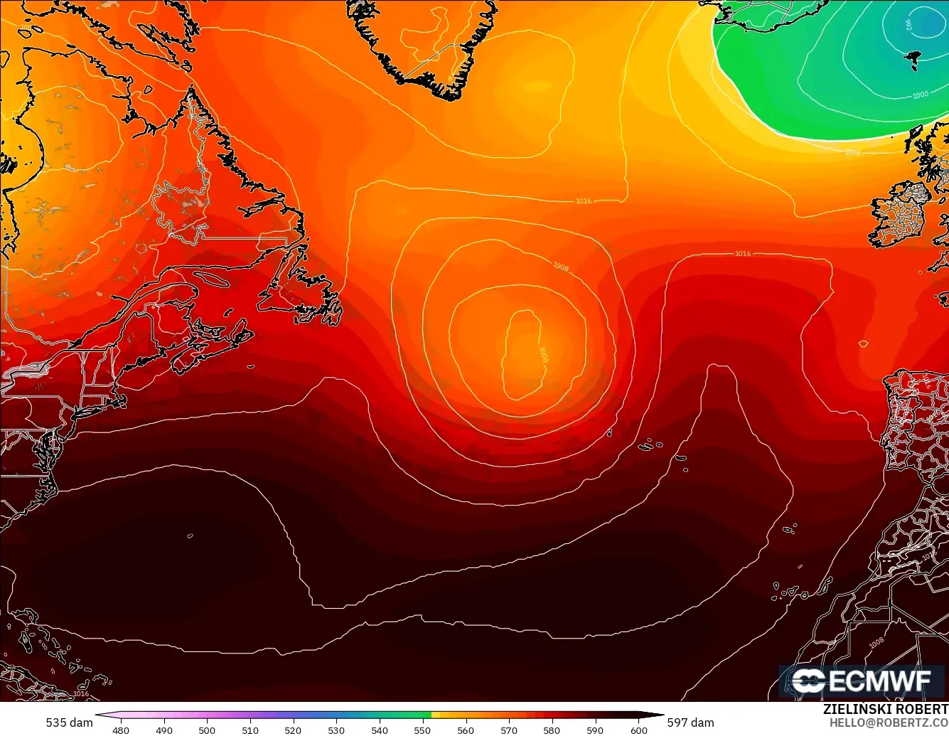 ECMWF IFS 0.25° загвар - Хойд Атлантик, 500 гПа дахь геопотенциал өндөр