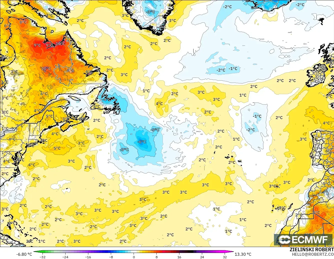 ECMWF IFS 0.25° загвар - Хойд Атлантик, 2 м Температурын Хазайлт
