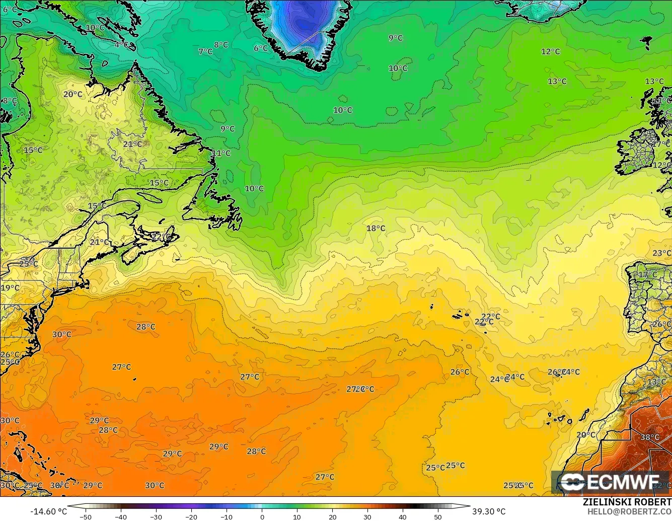 ECMWF IFS 0.25° загвар - Хойд Атлантик, Температур 2 м