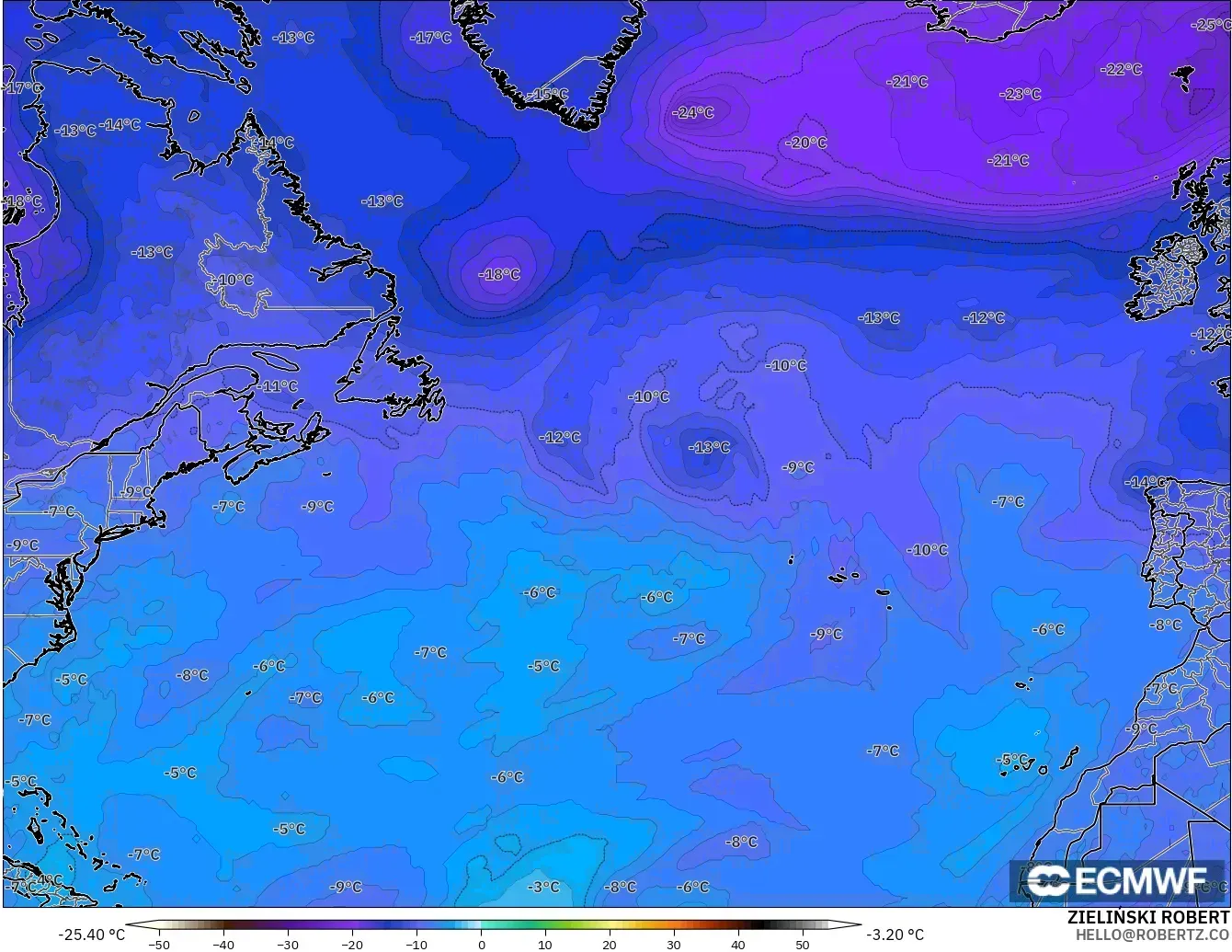ECMWF IFS 0.25° загвар - Хойд Атлантик, Температур 500 hPa