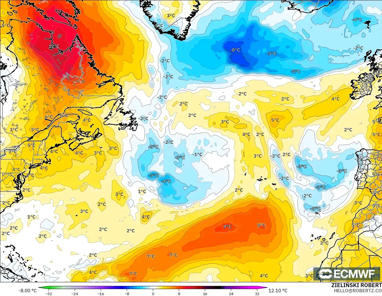ECMWF IFS 0.25° загвар - Хойд Атлантик, 850 hPa Температурын Хазайлт