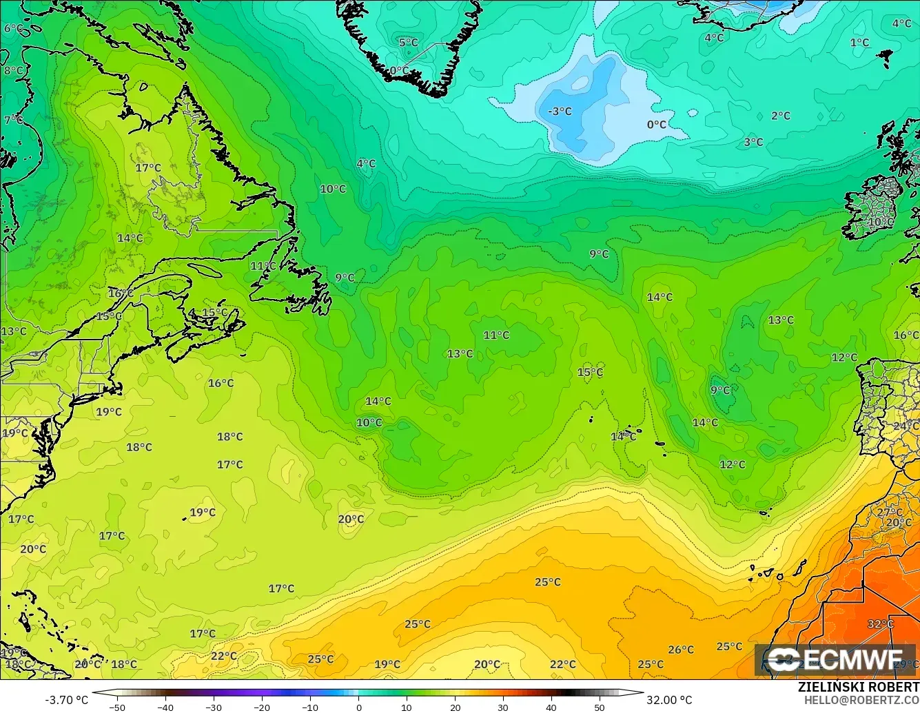 ECMWF IFS 0.25° загвар - Хойд Атлантик, Температур 850 hPa