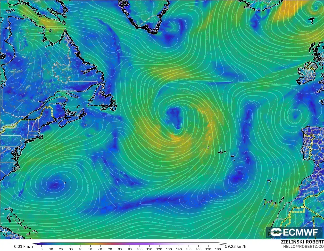 ECMWF IFS 0.25° загвар - Хойд Атлантик, Салхи 10 м