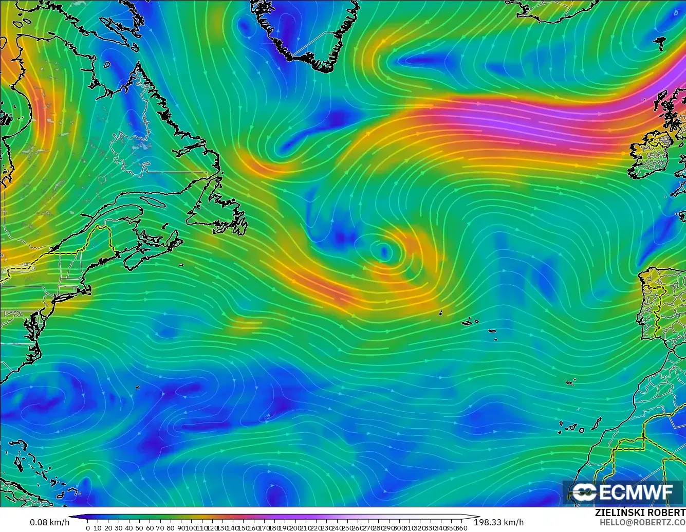 ECMWF IFS 0.25° загвар - Хойд Атлантик, Салхи 300 hPa (түншил)