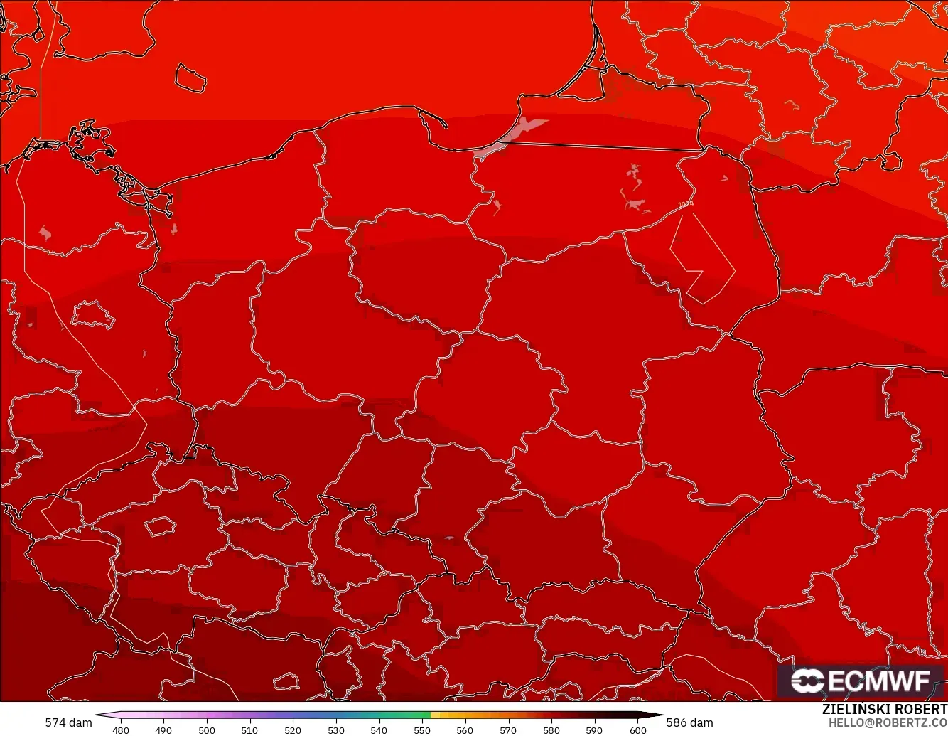 ECMWF IFS 0.25° загвар - Польш, 500 гПа дахь геопотенциал өндөр