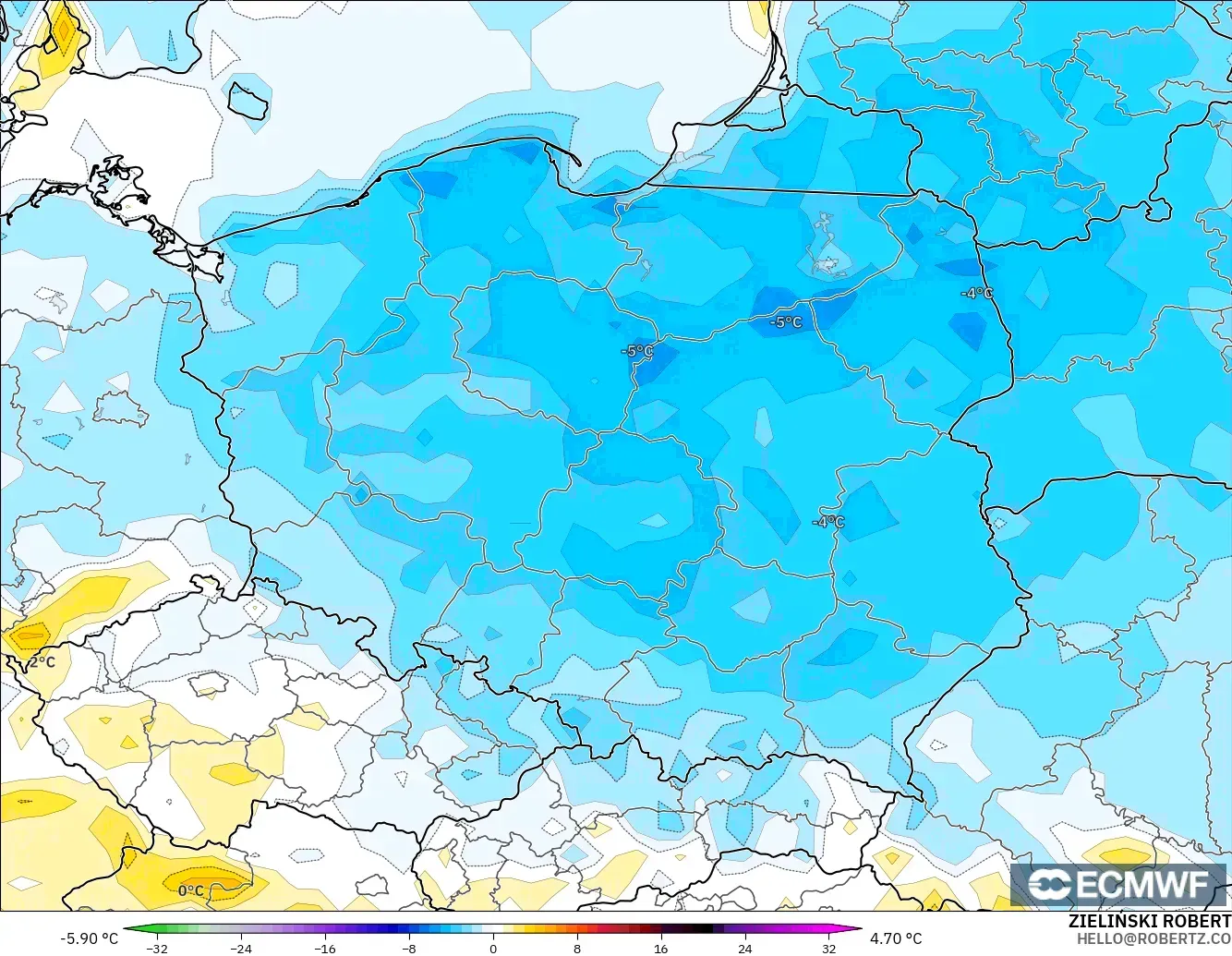 ECMWF IFS 0.25° загвар - Польш, 2 м Температурын Хазайлт