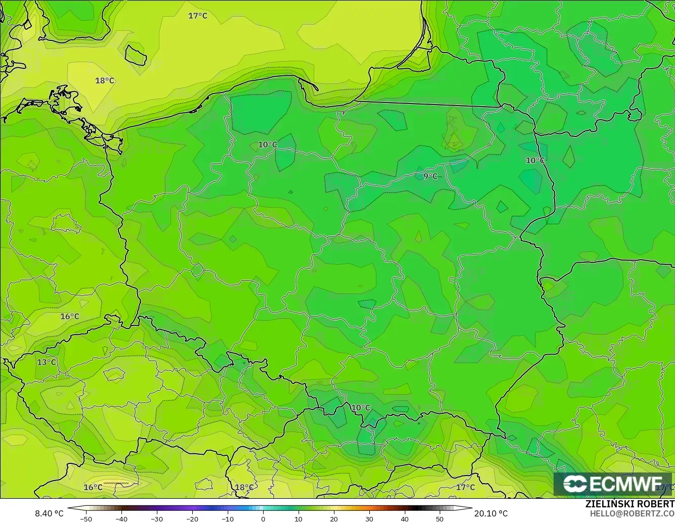 ECMWF IFS 0.25° загвар - Польш, Температур 2 м