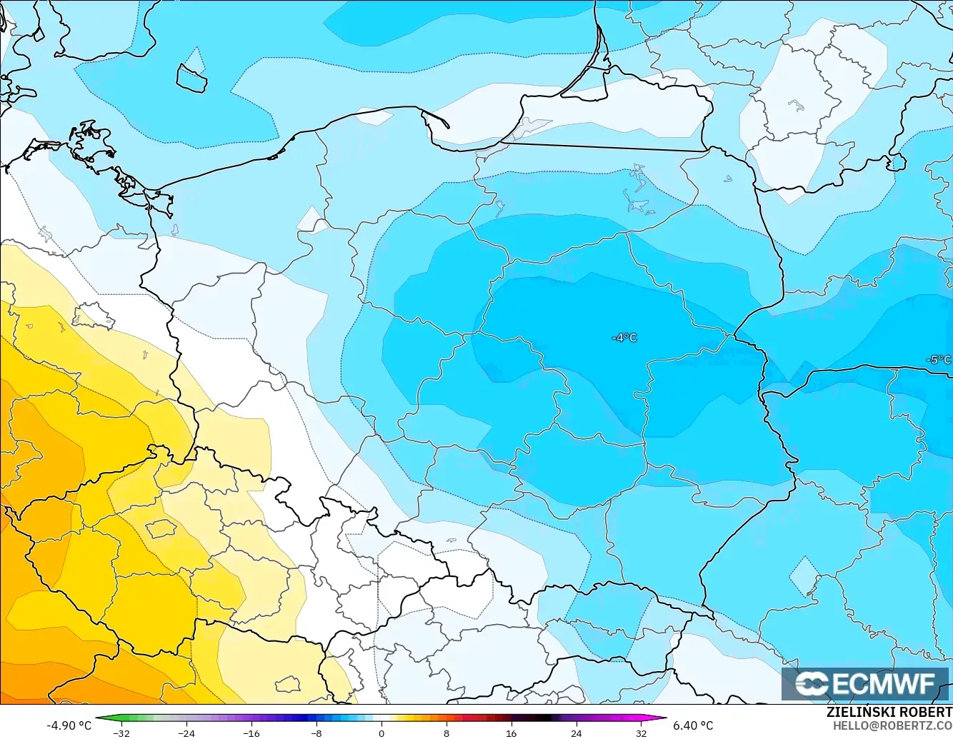 ECMWF IFS 0.25° загвар - Польш, 850 hPa Температурын Хазайлт