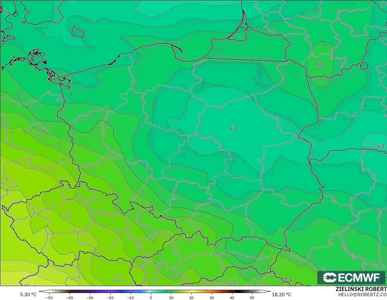 ECMWF IFS 0.25° загвар - Польш, Температур 850 hPa
