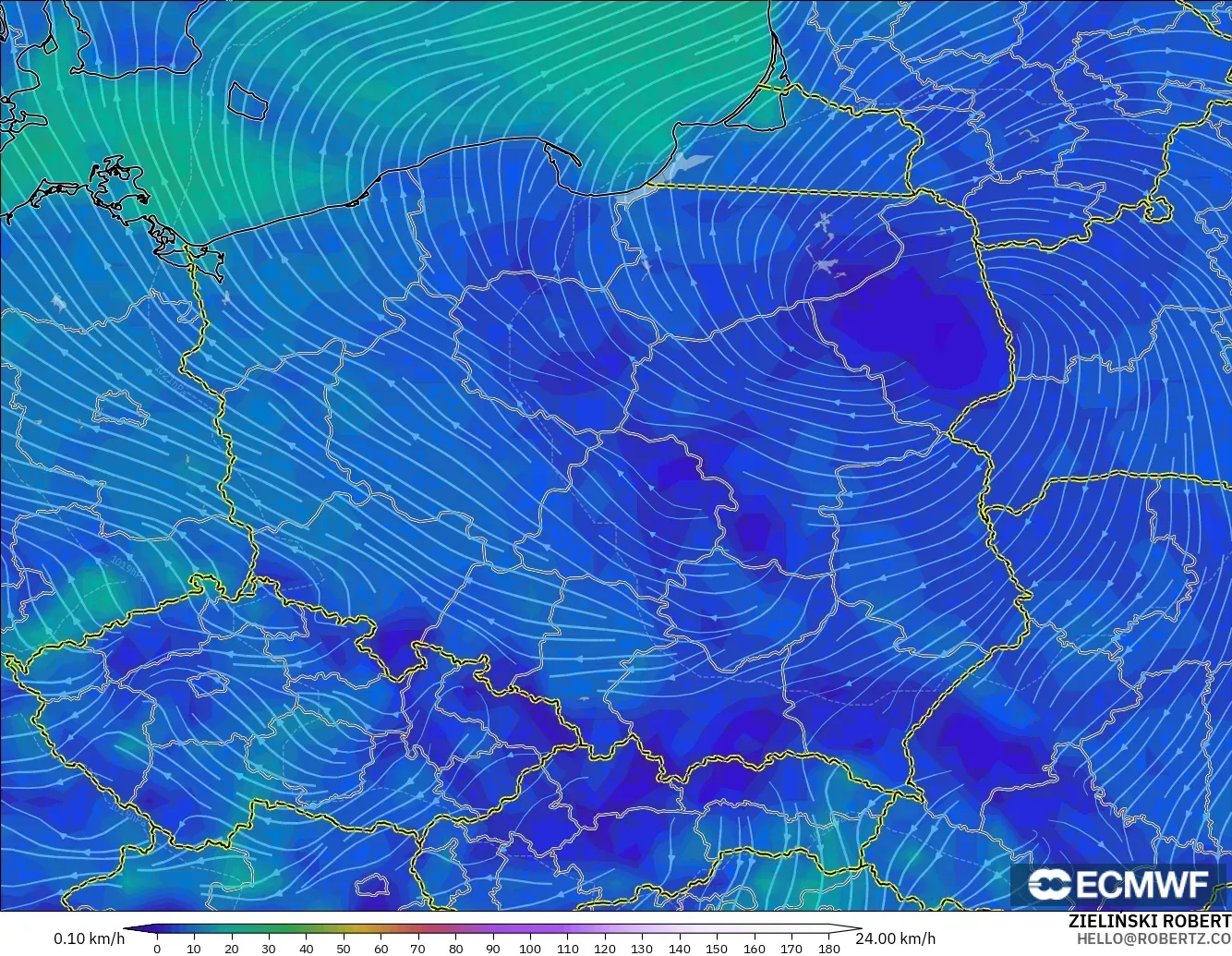 ECMWF IFS 0.25° загвар - Польш, Салхи 10 м