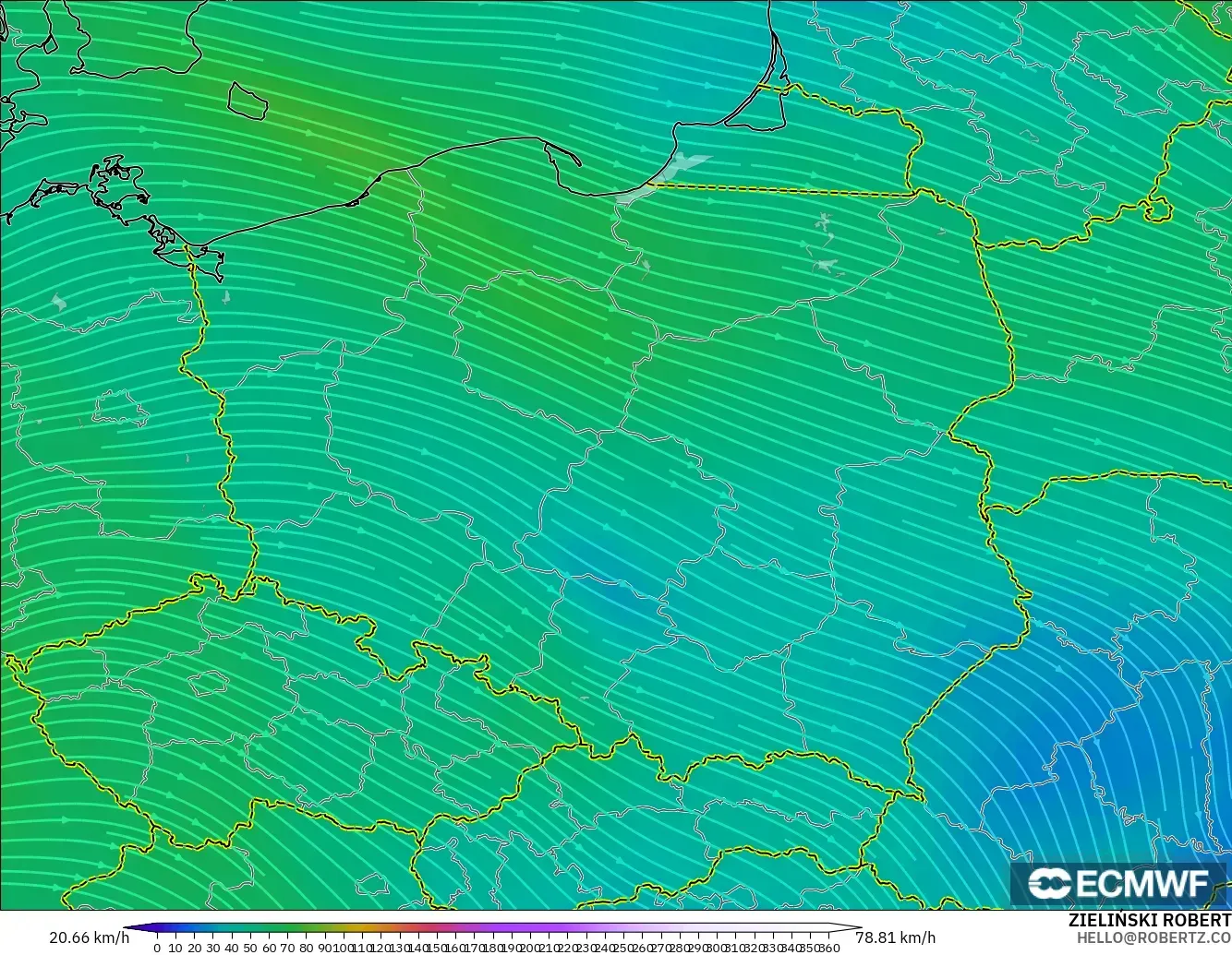 ECMWF IFS 0.25° загвар - Польш, Салхи 300 hPa (түншил)