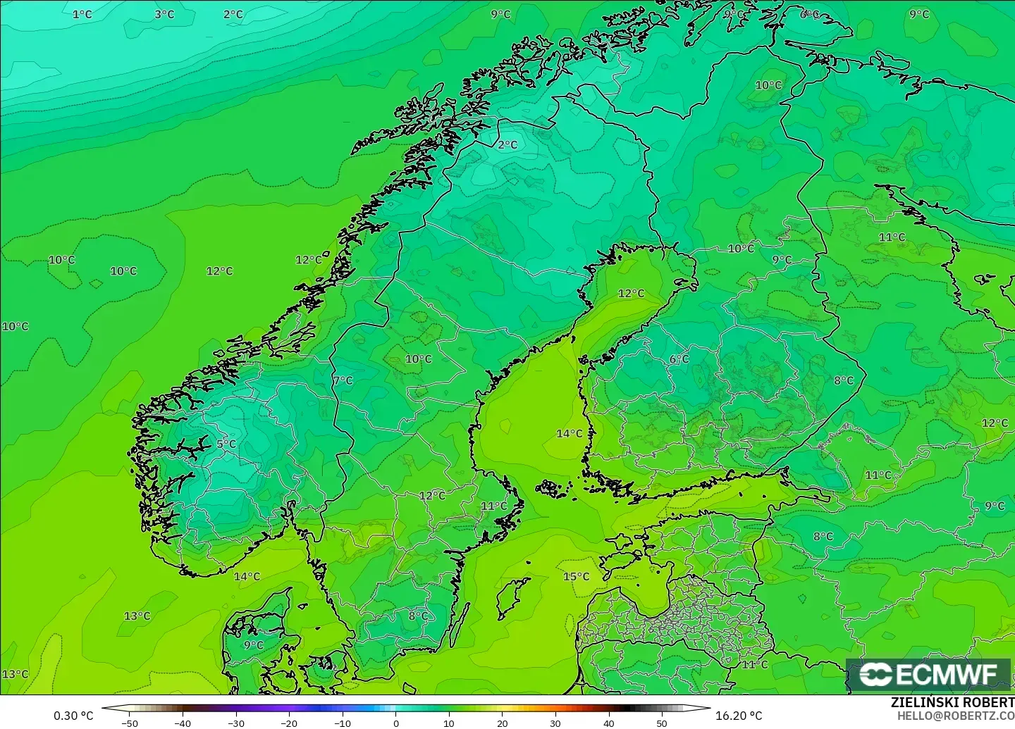 ECMWF IFS 0.25° загвар - Скандинав, Цэгийн Чийг 2 м