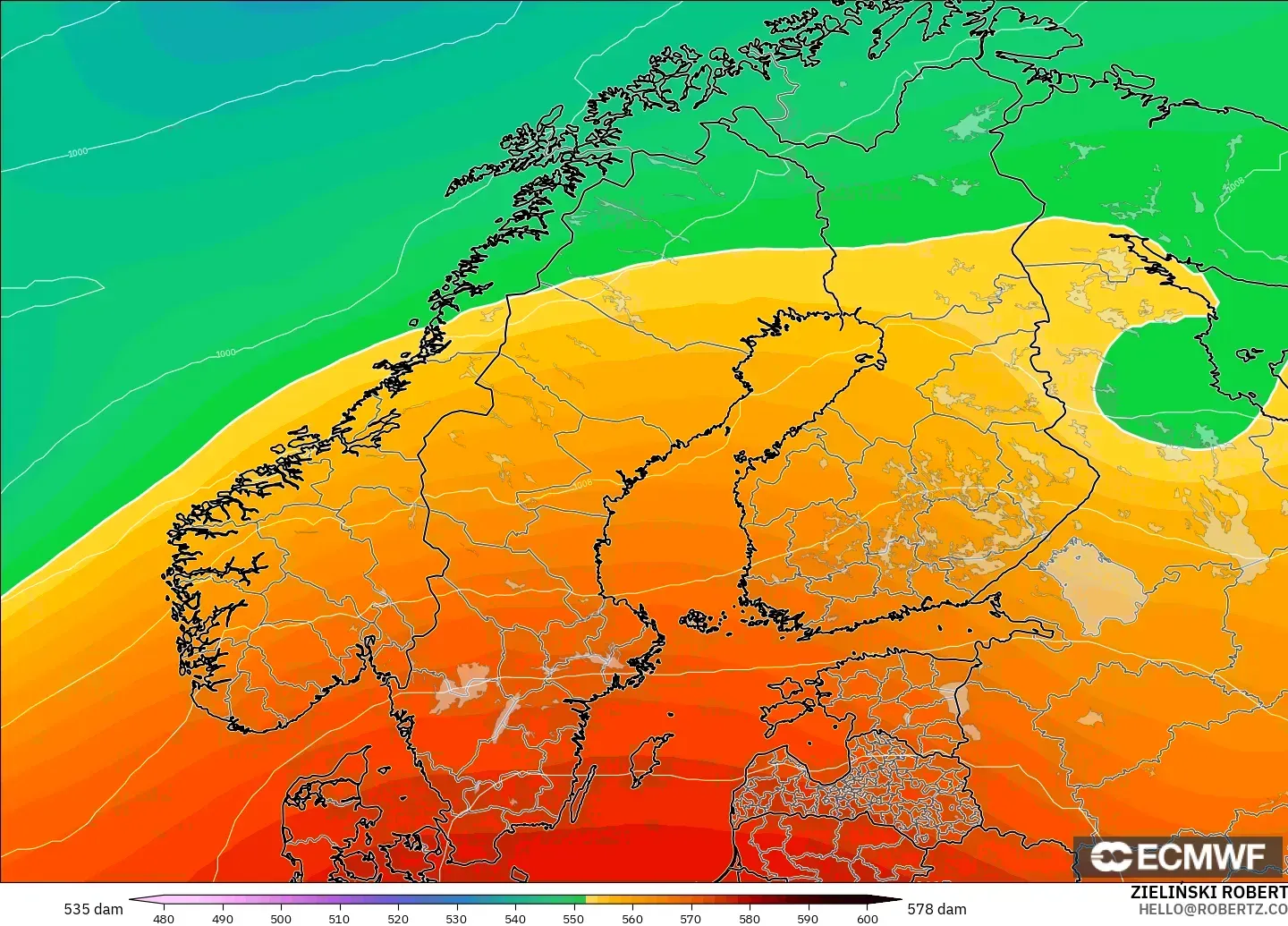 ECMWF IFS 0.25° загвар - Скандинав, 500 гПа дахь геопотенциал өндөр