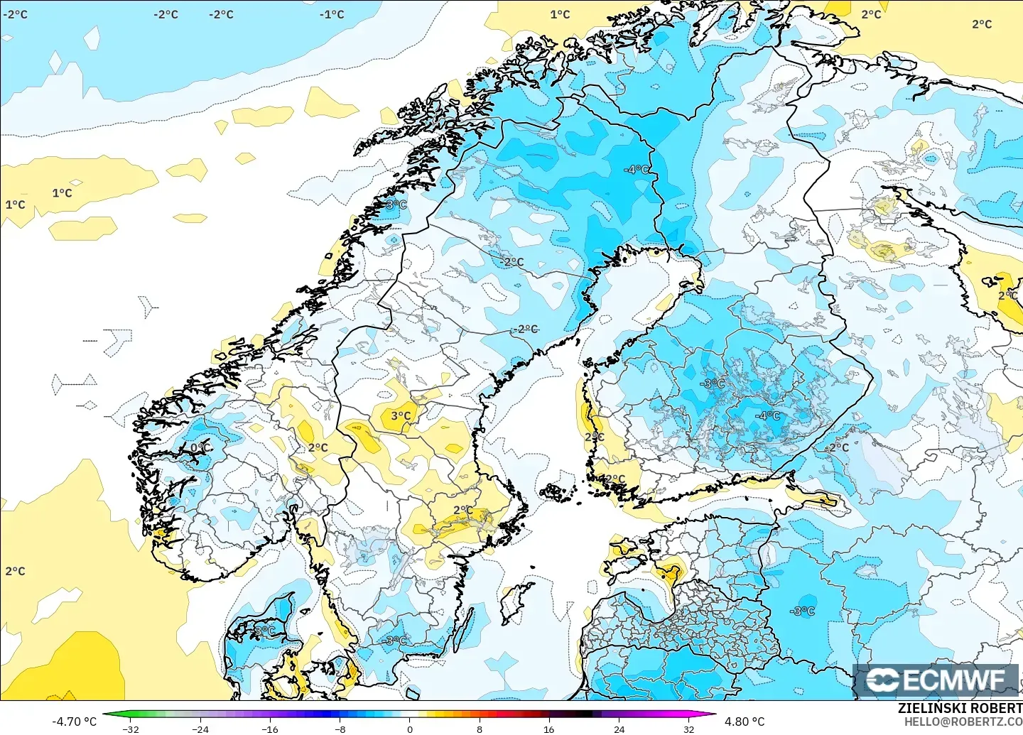ECMWF IFS 0.25° загвар - Скандинав, 2 м Температурын Хазайлт