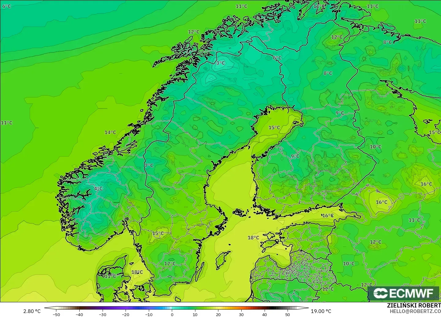 ECMWF IFS 0.25° загвар - Скандинав, Температур 2 м
