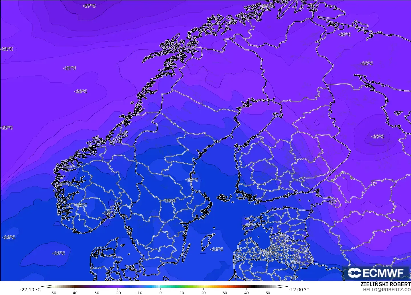 ECMWF IFS 0.25° загвар - Скандинав, Температур 500 hPa