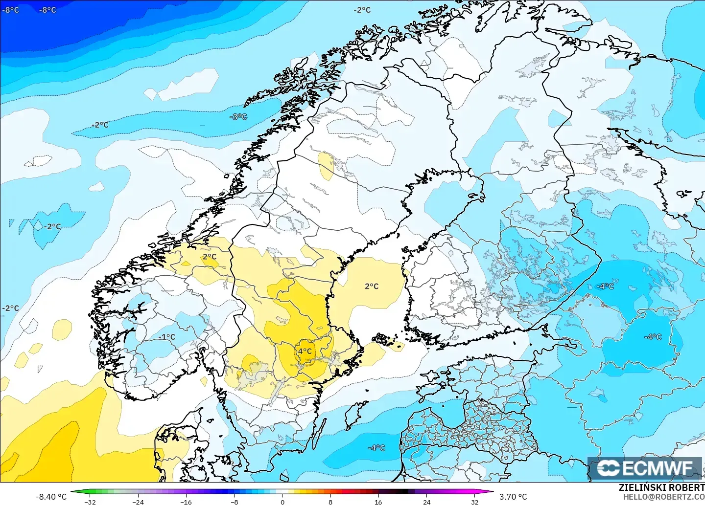 ECMWF IFS 0.25° загвар - Скандинав, 850 hPa Температурын Хазайлт